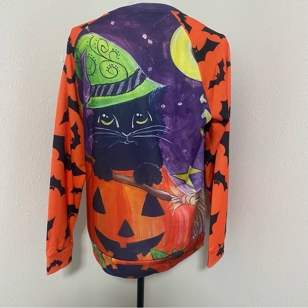 Halloween Cat in Pumpkin Graphic Long Sleeve Sweatshirt Size Large Colorful Y2K - Picture 5 of 9
